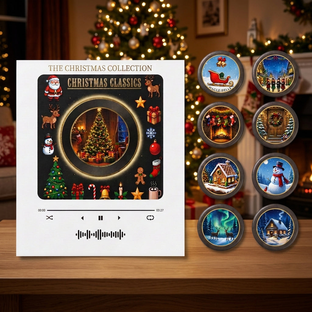 NFC rotating music player and fridge magnet set