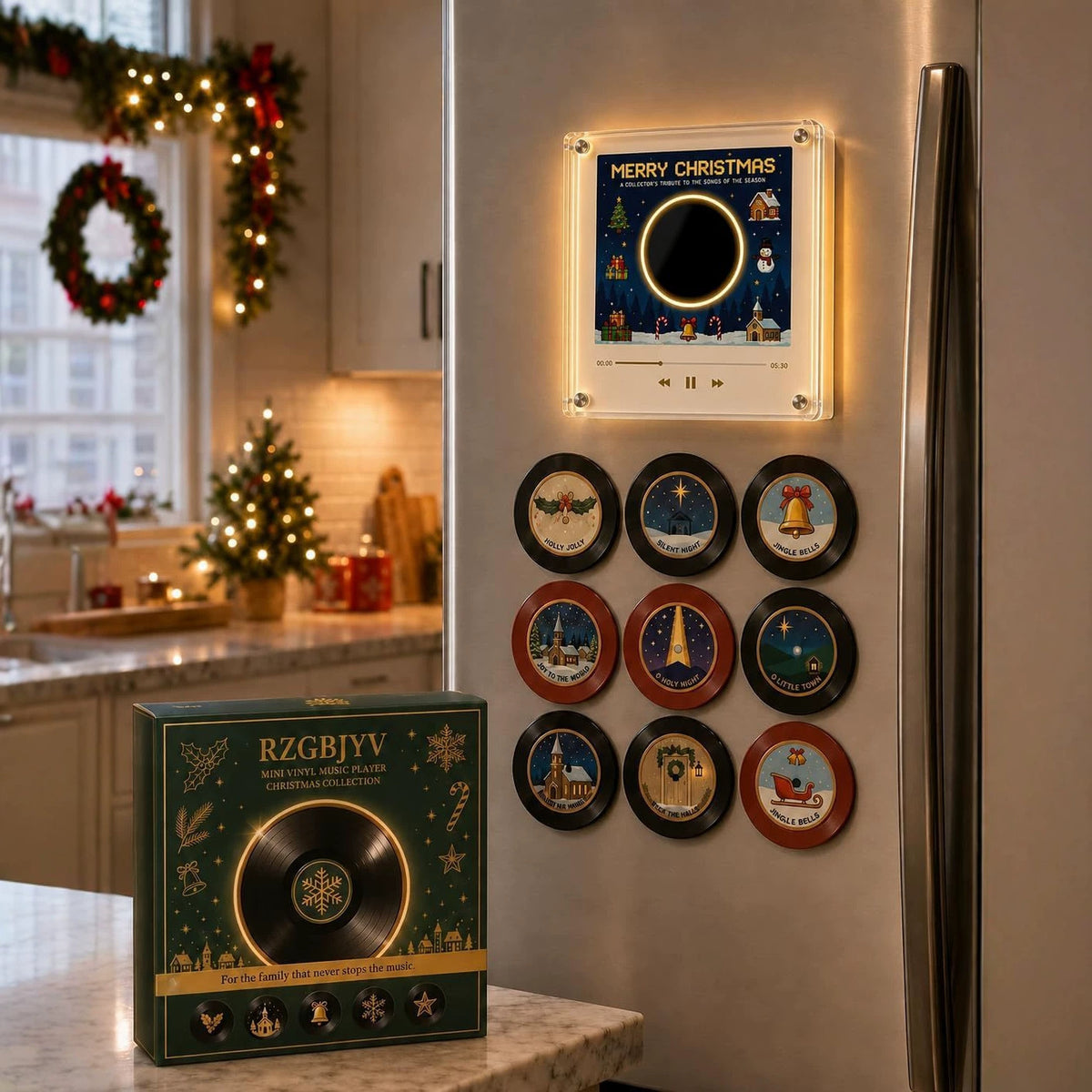NFC rotating music player and fridge magnet set